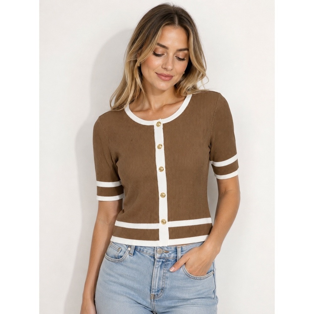 Ellen Tracy Brown Ribbed Knit Short Sleeve Cardigan Gold Buttons White Trim M